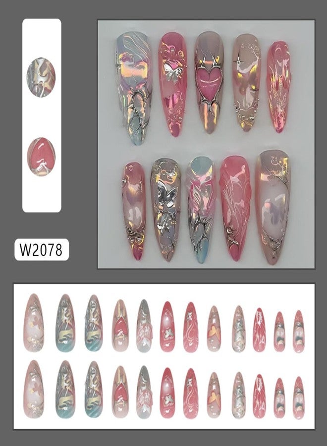 OSTTMA Medium Press on Nails Heart Fake Nails Almond Shaped 3D Metallic Style False Nail Silver Pink Blue Glossy Chrome Heart Butterfly Glue on Nails Reusable Artificial Fingernails for Women,24Pcs - Image 2